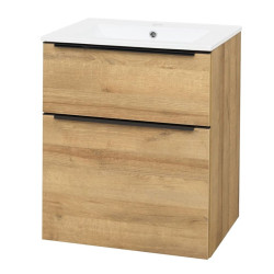 Mailo, kúpeľňová skrinka s keramickým umývadlom, dub, 2 zásuvky, 610x580x458 mm