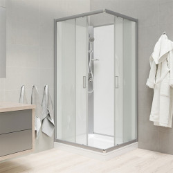 Sprchový box, štvorcový, 80cm, satin ALU, sklo Point, zadne steny biele, liatá vanička, bez striešky
