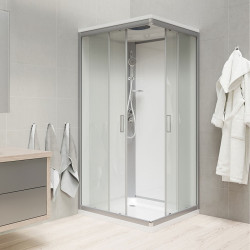 Sprchový box, štvorcový, 80cm, satin ALU, sklo Point, zadne steny biele, liatá vanička, so strieškou