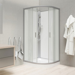 Sprchový box, štvrťkruh, 80cm, satin ALU, sklo Point, zadne steny biele, liatá vanička, bez striešky