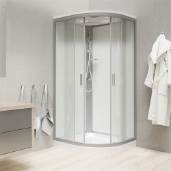Sprchový box, štvrťkruh,100cm, satin ALU, sklo Point, zadne steny biele, liatá vanička, so strieškou