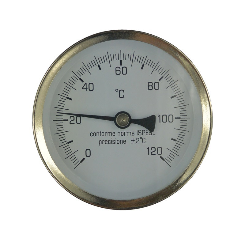 Teplomer bimetalový DN 100, 0 - 120 °C, zadný vývod 1/2", objímka 50 mm